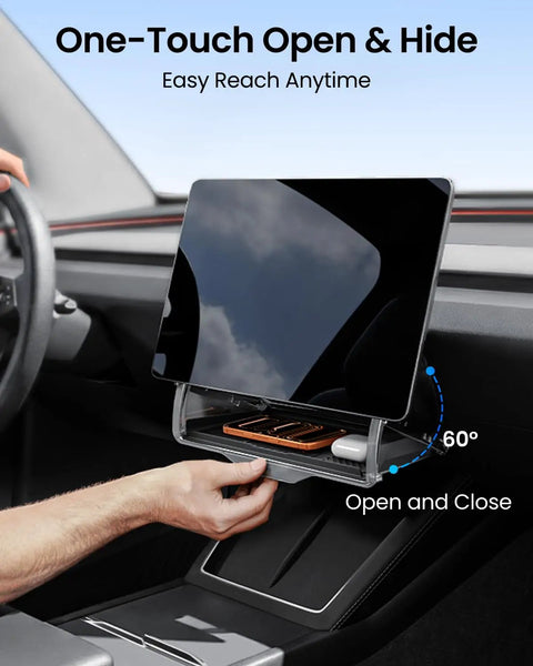 Hidden Under Screen Storage Box For Tesla Model Y 2020 To 2026 One Tap Open Center Console Organizer in use