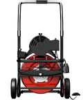 Heavy Duty Electric Drain Auger With One Hundred Foot Steel Core Snake For Two To Four Inch Pipes Five Hundred Watt Motor and High Speed Drain Cleaner Machine from rear view.