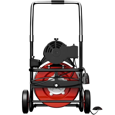 Heavy Duty Electric Drain Auger With One Hundred Foot Steel Core Snake For Two To Four Inch Pipes Five Hundred Watt Motor and High Speed Drain Cleaner Machine from rear view.