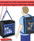 Illustration of Pet Fire Escape Bag for Dogs and Cats up to 55 pounds with 50 ft rescue rope, showing backpack use.