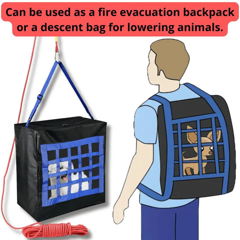 Illustration of Pet Fire Escape Bag for Dogs and Cats up to 55 pounds with 50 ft rescue rope, showing backpack use.