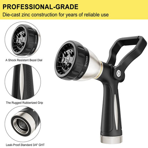 Heavy Duty Fireman Style Hose Nozzle With 8 Spray Patterns Metal Water Nozzle showing handle and spray adjustments