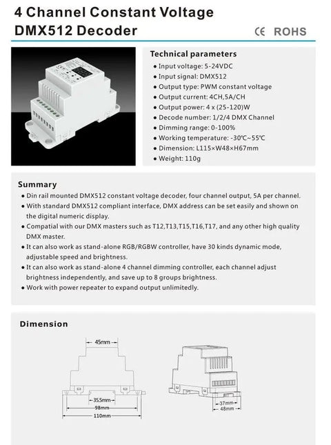 Four Channel DMX512 Constant Voltage RGB And RGBW Decoder And Din Rail Mounted Dimming Controller 5-24V DC, 4A Per Channel, DMX Addressable With Digital Display, Standalone Or DMX Control For RGB Lighting Projects
