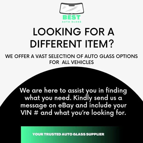 Auto glass supplier ad offering vehicle glass options with company logo and contact instructions for VIN and request details.