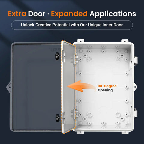 Weatherproof IP67 Outdoor Junction Box Enclosure With Inner Door And Hinged Clear Cover Plastic Electrical Project Box open 90 degrees