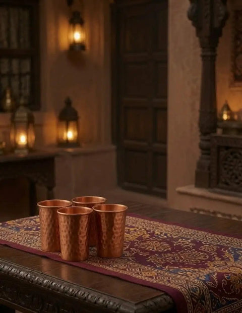Four hammered copper glasses from Copper Hammered Water Dispenser With Tap And Stand, Four Copper Glasses Included, 6.5 Liter Capacity