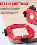 Pro Grade Aluminum Router Corner Radius Template Set With Eight Radius Sizes R10 To R50 for woodworking, shown on table.