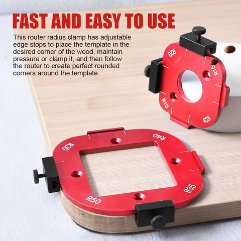 Pro Grade Aluminum Router Corner Radius Template Set With Eight Radius Sizes R10 To R50 for woodworking, shown on table.