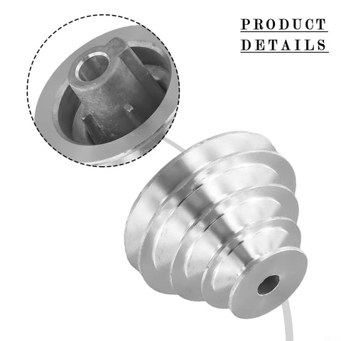 Close-up of pulley wheel for benchtop drill press Z4116, showing 4-step aluminum design with 14mm bore for smooth speed changes.