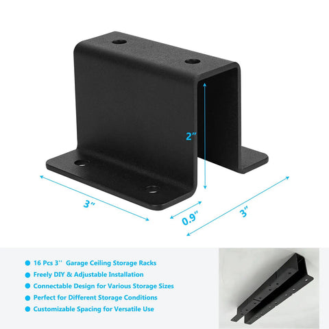 Close-up of black metal component from Overhead Garage Storage Rack Set, Heavy Duty Adjustable Ceiling Bin Storage Rail System, showing dimensions.