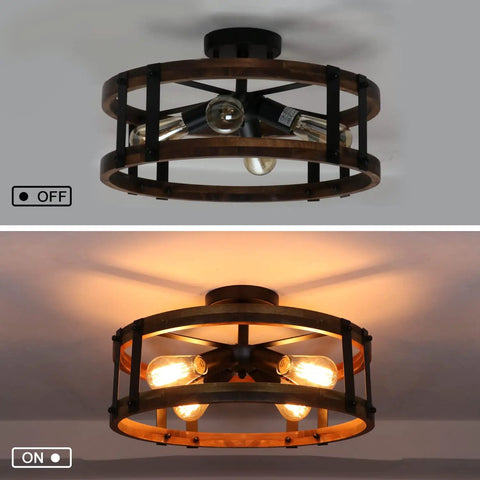 Modern Farmhouse Wood Drum Semi Flush Mount Ceiling Light Fixture With Industrial Black Metal Trim For Hallway Entryway Laundry Room And Bedroom Dope Rustic Ceiling Lamp Bulb Not Included, in two lighting states