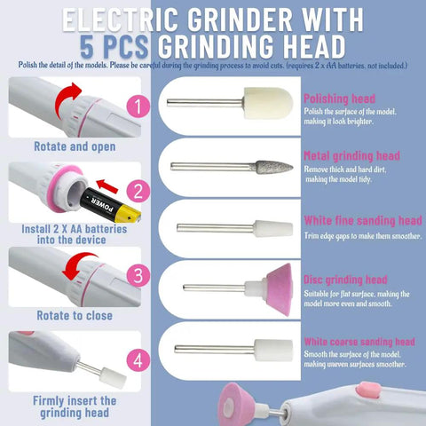 Electric grinder with 5 heads instructions; includes polishing, metal, fine sanding, disc, and coarse sanding heads for model detailing.
