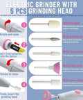 Electric grinder with 5 pcs grinding heads, including polishing, metal, and sanding heads; parts labeled and batteries shown