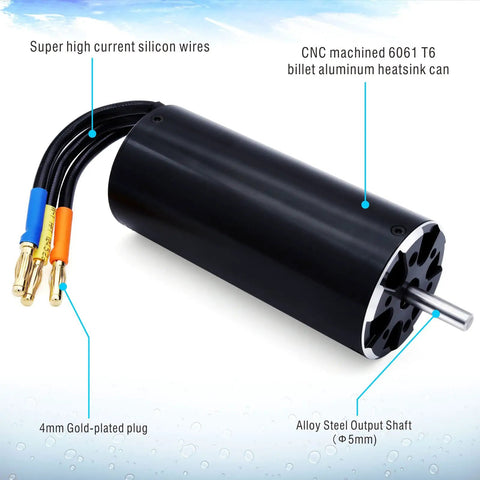 Rock Solid Brushless RC Boat Motor With Heavy Duty Water Cooling Jacket High Torque 920KV 4 Pole Design 5MM Shaft showing high current wires and aluminum heatsink.