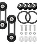 Hot Rod Bumper Quick Release Kit For Front And Rear Bumpers With Aluminum Alloy Fasteners, 4 Quick Release Tabs And 2 Rubber O Rings, Stainless Steel Screws Included, Black Finish displayed on white background.