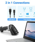 No Sweat Wireless Barcode Scanner With Crisp Two Inch Tft Screen For Rapid One D And Two D Inventory Tracking Plus Instant Qr Code Snapping On The Go For Busy Warehouses Anytime on a desk with laptop and connection options shown.