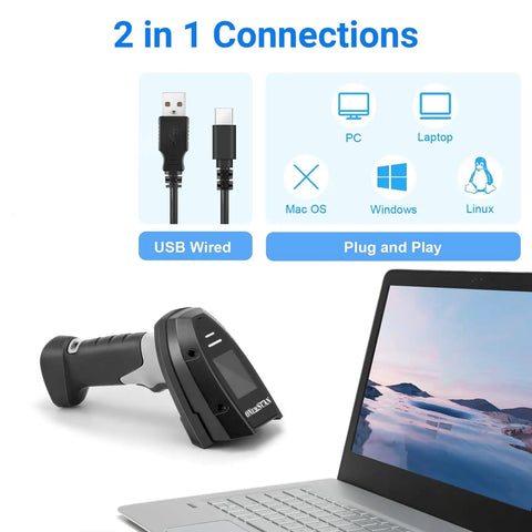 No Sweat Wireless Barcode Scanner With Crisp Two Inch Tft Screen For Rapid One D And Two D Inventory Tracking Plus Instant Qr Code Snapping On The Go For Busy Warehouses Anytime on a desk with laptop and connection options shown.