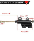 10mm Banjo Rear Hydraulic Foot Brake Master Cylinder For Dirt Bikes And ATVs, black finish, durable aluminum, dimensions labeled.