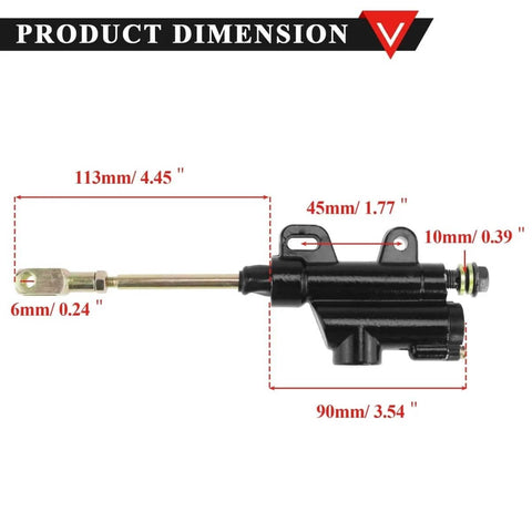 10mm Banjo Rear Hydraulic Foot Brake Master Cylinder For Dirt Bikes And ATVs, black finish, durable aluminum, dimensions labeled.