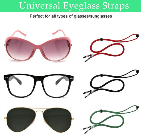Five Pack Eyeglass Straps Lanyards For Glasses And Sunglasses Anti Slip Adjustable Retainers displayed with glasses