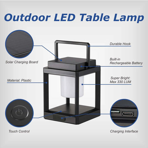 Outdoor Solar Lantern Table Lamp with handle showing solar charging board, plastic material, and touch control button.
