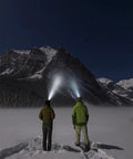 Two people using Two Pack LED Headlamps With Rechargeable Batteries, Long Range Beam in snowy mountain landscape