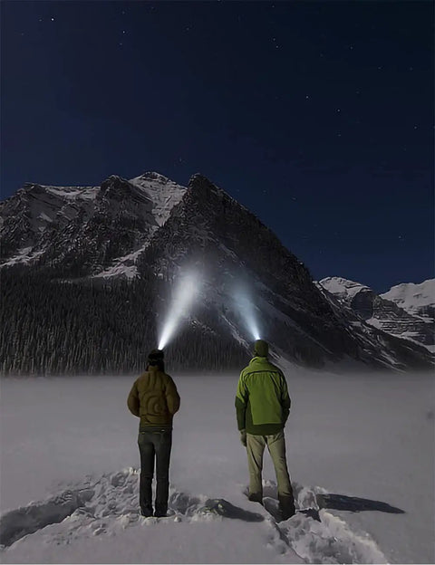 Two people using Two Pack LED Headlamps With Rechargeable Batteries, Long Range Beam in snowy mountain landscape