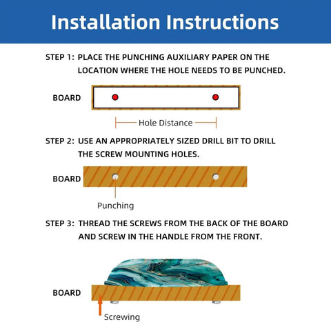 Installation instructions for Premium Teal Marble Cabinet Cup Pulls with step-by-step guide on mounting and screw placement.