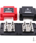 Heavy Duty 400A Power Distribution Block With Rock Solid Tin Plated Copper Bus Bar Featuring Eight M10 3 8 Studs For Straight Forward 12V To 48V DC Wiring Built Like A Tank, showing red and black insulated cases.