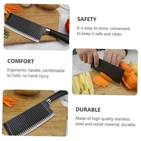 Amazon LIFKOME wavy vegetable cutter with stainless steel crinkle blade and black ergonomic handle on cutting board.