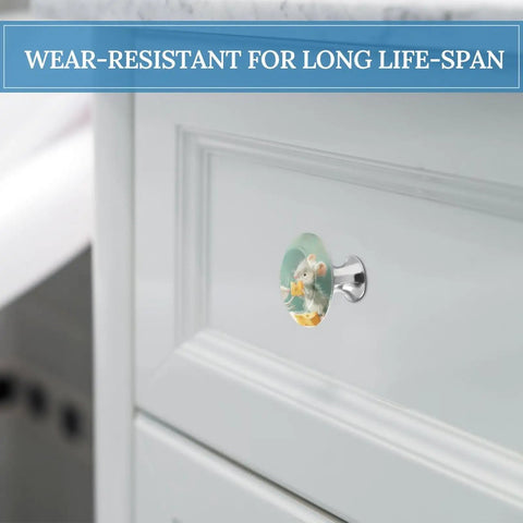 Sweet Mouse Passing Cheese Round Drawer Cabinet Knobs Built With Solid Stainless Steel Base And Glossy Crystal Exterior Dope Two Piece Handle Pulls To Level Up Your Dresser Or Kitchen Setup on white cabinet.
