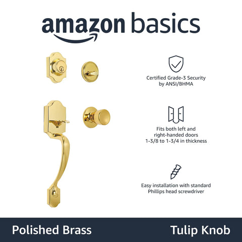 Easy Install Handleset With Tulip Knob For Front Door Single Cylinder Polished Brass Universal Handling Fits Most Doors