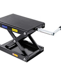 Side view of 1200 Lbs Motorcycle Jack Lift Stand for Dirt Bike ATV Scissor Jack with crank handle and breaker bar in black steel.