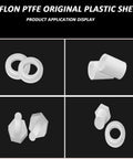 Various shapes of industrial grade PTFE Teflon components on black background, showcasing application of White PTFE Teflon Sheet 300 By 300 Mm Industrial Grade Engineering Plastic, 0.5 To 30 Mm Thick, Ultra Chemical Resistant Nonstick Plate For Industry, Electronics, Lab, Reactors, Storage Tanks, 1 Pc.