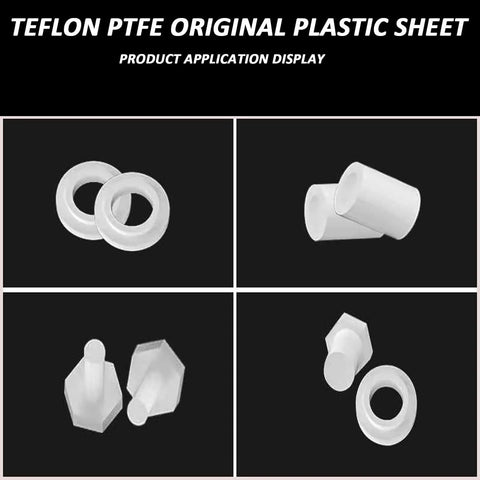 Various shapes of industrial grade PTFE Teflon components on black background, showcasing application of White PTFE Teflon Sheet 300 By 300 Mm Industrial Grade Engineering Plastic, 0.5 To 30 Mm Thick, Ultra Chemical Resistant Nonstick Plate For Industry, Electronics, Lab, Reactors, Storage Tanks, 1 Pc.