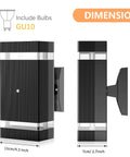 Diagram showing dimensions and design of 2 Pack Dusk To Dawn Outdoor Wall Lights Up And Down IP65 Waterproof Aluminum Exterior Fixtures.