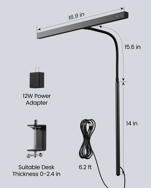 LED Desk Lamp For Office And Home With Adjustable Gooseneck, 12W Touch Control Dimmable Brightness, USB adapter and clamp mount