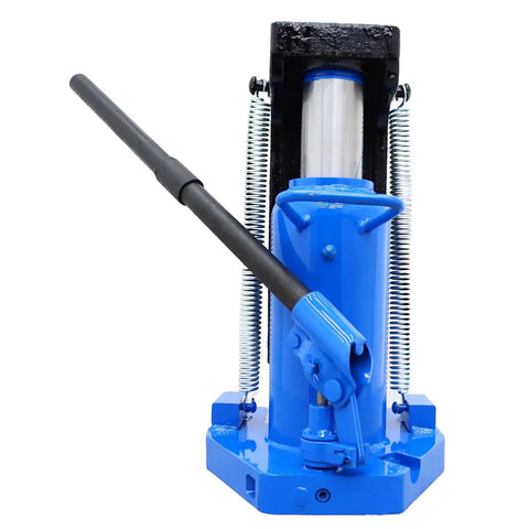 Heavy Duty Hydraulic Toe Jack with blue steel body and handle, designed for 10 Ton And 20 Ton lifting in auto garages and industrial settings.