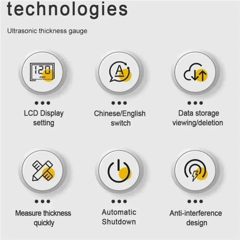 Ultrasonic thickness gauge features: LCD display, language switch, data storage, measurement, shutdown, anti-interference.