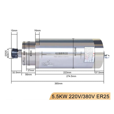 Kickass 5.5KW Water Cooled Spindle Motor With 125MM Diameter And Ironclad ER25 Collet Chuck dimensions showing length and diameter.