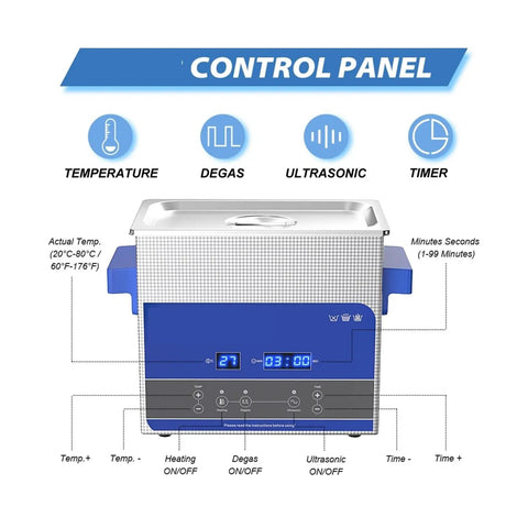 Control panel of Digital Ultrasonic Cleaner 3 Liter Tank With Heating And Timer Features Smart Degassing Plus Squeaky Clean Results.
