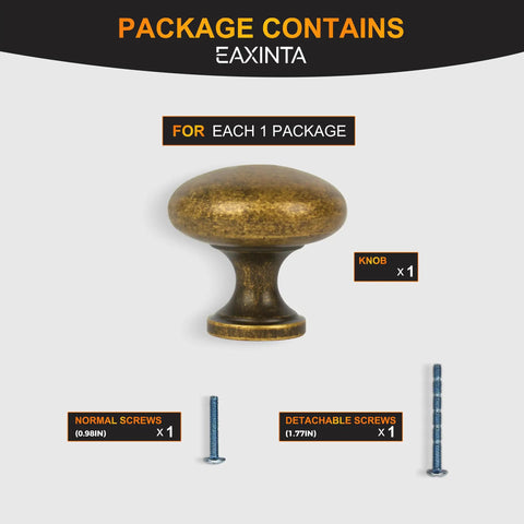 Package includes Antique Brass Cabinet Knobs 10 Pack Zinc Alloy Single Hole Drawer Pulls with screws