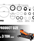 Seventeen Piece Floor Jack Seal Kit For 3 Ton Hydraulic Jacks With O Ring Seals And Oil Filler Plug diagram and jack illustration