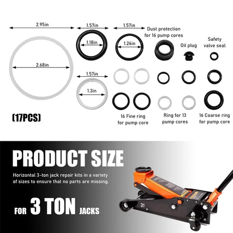 Seventeen Piece Floor Jack Seal Kit For 3 Ton Hydraulic Jacks With O Ring Seals And Oil Filler Plug diagram and jack illustration