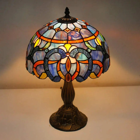 Tiffany Style Blue Purple Stained Glass Table Lamp For Reading And Decor, 12 Inch Shade, 18 Inch Tall, with intricate design