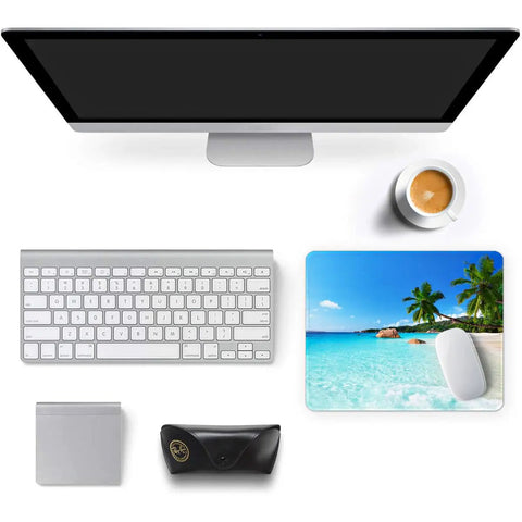 Beach Theme Mouse Pad 12x10 Inch For Desk Setup Waterproof Non Slip Rubber With Stitched Edges Blue Premium Textured Surface