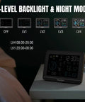 All-In-One Weather Station With 6-Inch VA Display And Outdoor Sensor showing backlight levels and night mode settings on a bedside table