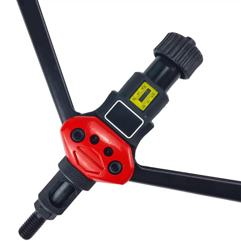 Close-up of Pro Grade 16 Inch Lever Style Rivet Nut Tool Kit with Visual Stroke Indicator on reinforced arm, corrosion-resistant finish.