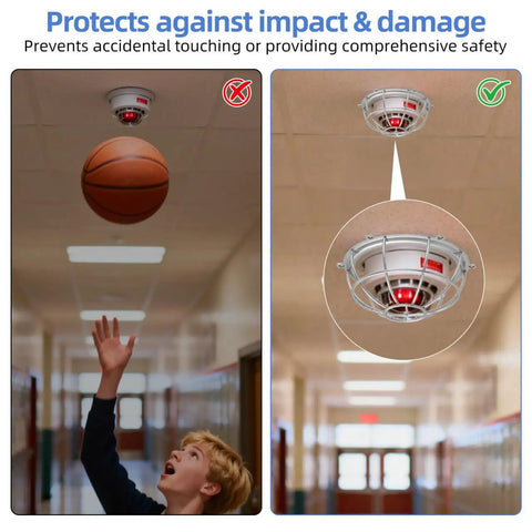 Heavy Duty Metal Detector Guard Cover And Fire Alarm Protector With Tool Less Quick Mount for Sprinkler Heads and Smoke Sensors showing basketball impact prevention.
