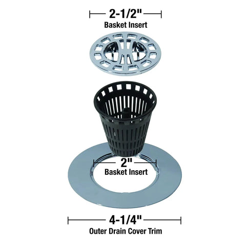 Chrome Shower Drain Hair Catcher For Stand Alone Showers 3 Inch Drain Hair Trap with detachable basket components and measurements.